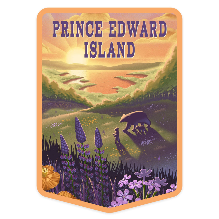 Prince Edward Island, Lithograph, Bear and Spring Flowers, Lake, Contour, Vinyl Sticker Sticker Lantern Press 