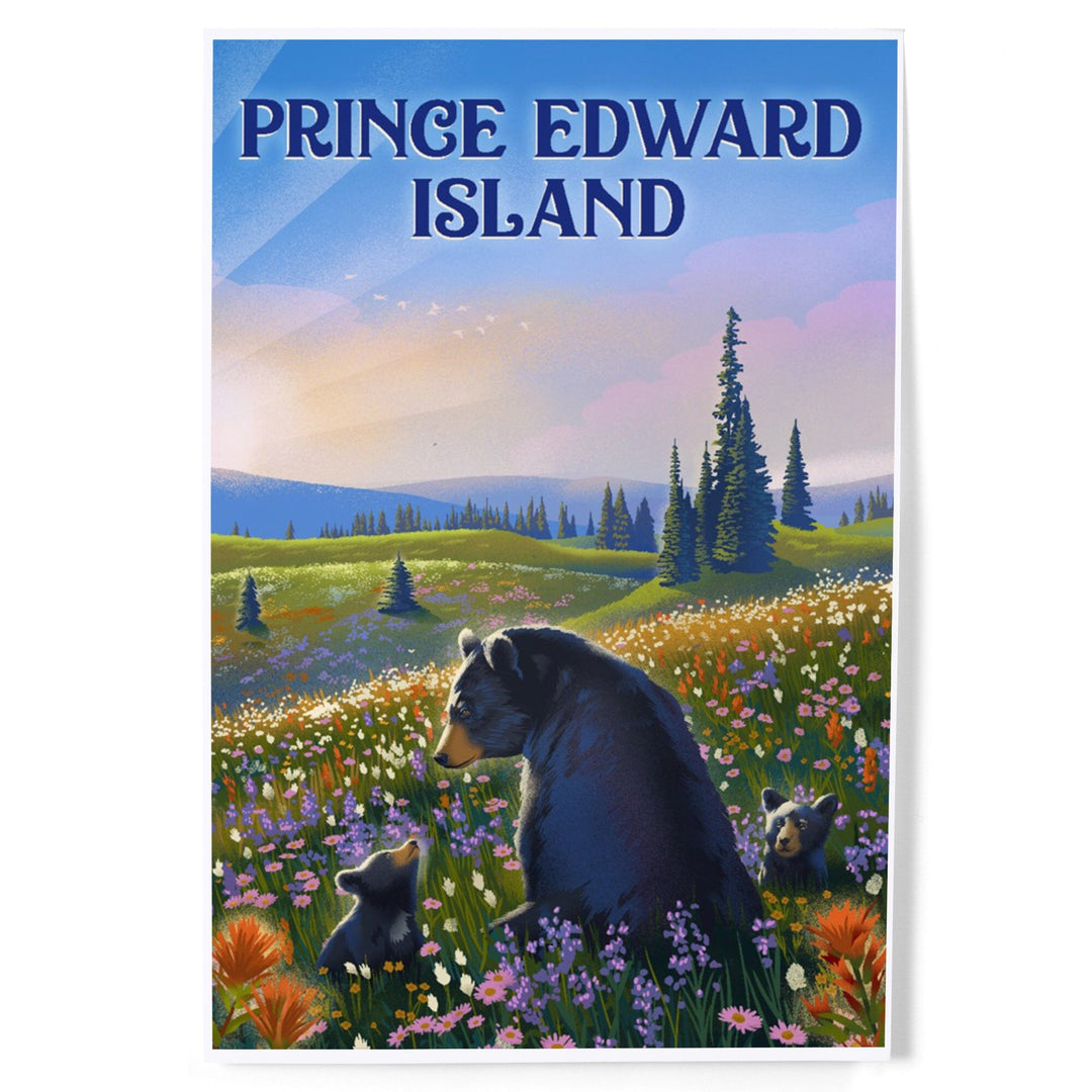 Prince Edward Island, Lithograph, Bear Family in Field, Art & Giclee Prints Art Lantern Press 12 x 18 Art Print 