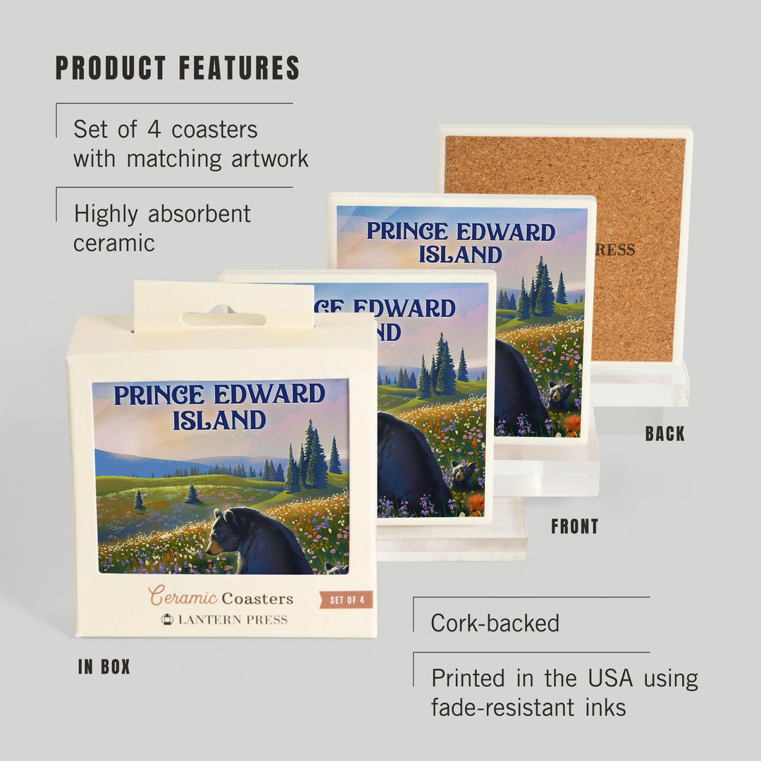 Prince Edward Island, Lithograph, Bear Family in Field, Coasters Coasters Lantern Press 