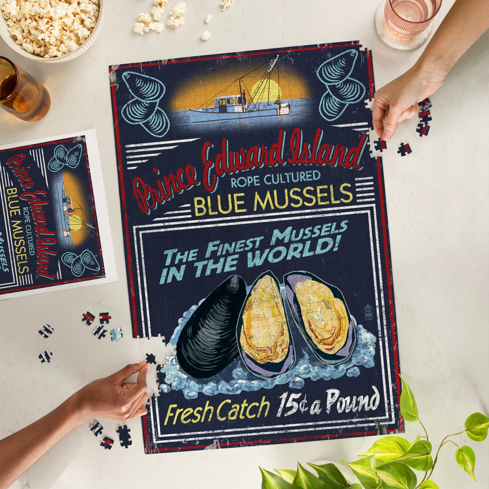 Prince Edward Island, Mussels Vintage Sign, Jigsaw Puzzle Puzzle Lantern Press 