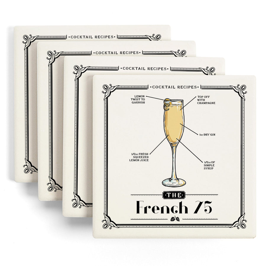 Prohibition, Cocktail Recipe, French 75, Lantern Press Artwork, Coaster Set Coasters Lantern Press 