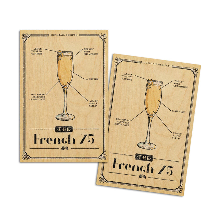 Prohibition, Cocktail Recipe, French 75, Lantern Press Artwork, Wood Signs and Postcards Wood Lantern Press 4x6 Wood Postcard Set 