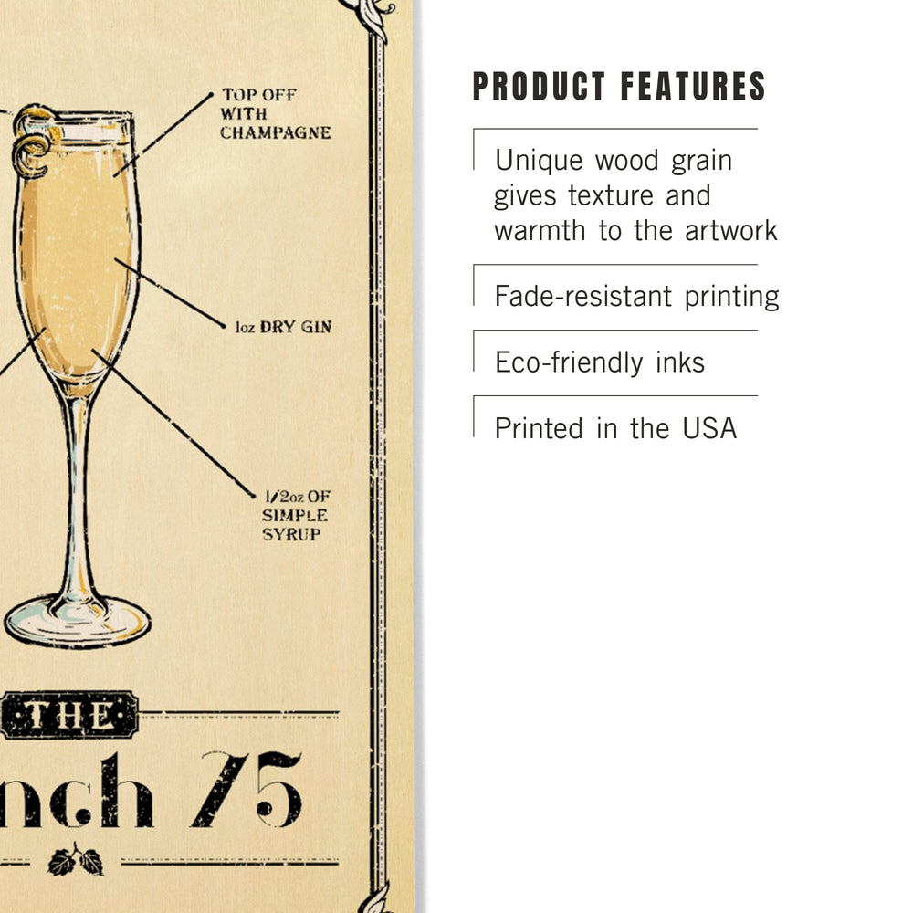 Prohibition, Cocktail Recipe, French 75, Lantern Press Artwork, Wood Signs and Postcards Wood Lantern Press 