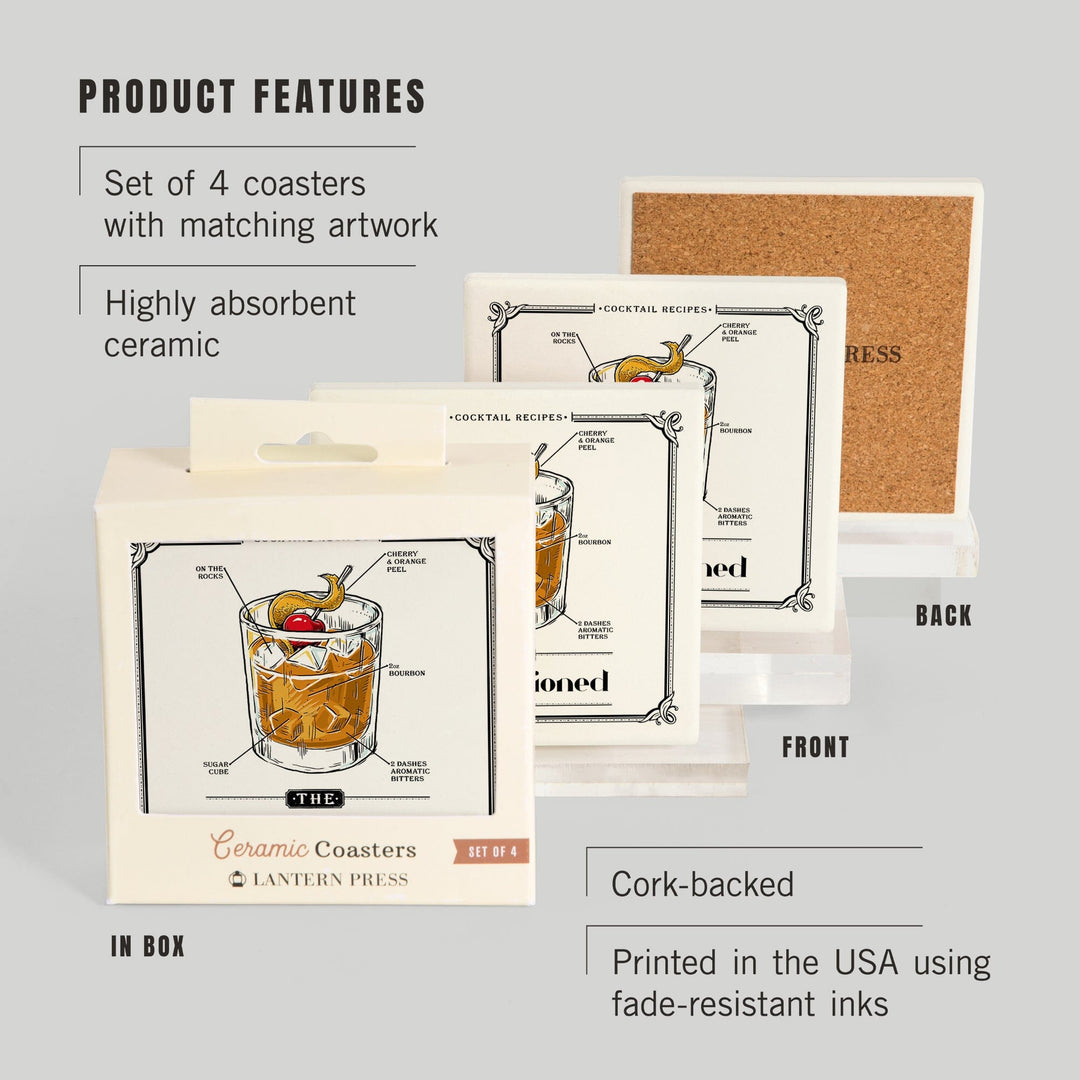 Prohibition, Cocktail Recipe, Old Fashioned, Lantern Press Artwork, Coaster Set Coasters Lantern Press 