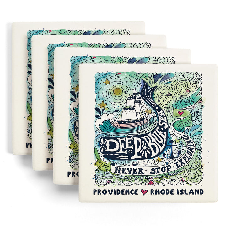 Providence, Rhode Island, Watercolor Whale, Deep Blue Sea, Nautical Art, Coasters Coasters Lantern Press 