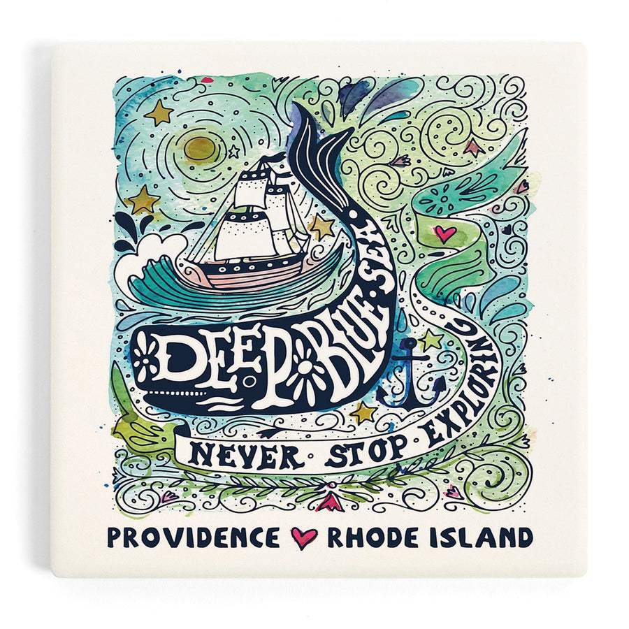 Providence, Rhode Island, Watercolor Whale, Deep Blue Sea, Nautical Art, Coasters Coasters Lantern Press 
