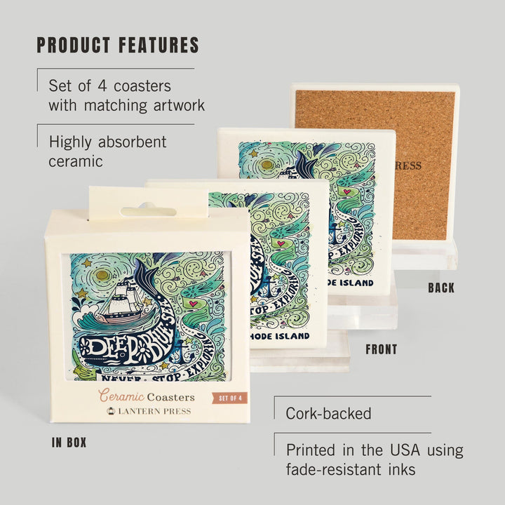Providence, Rhode Island, Watercolor Whale, Deep Blue Sea, Nautical Art, Coasters Coasters Lantern Press 