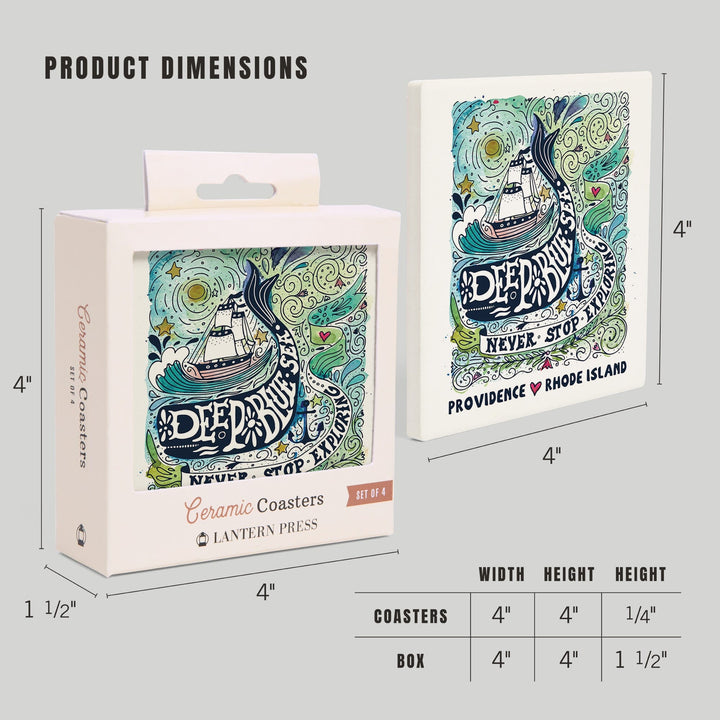Providence, Rhode Island, Watercolor Whale, Deep Blue Sea, Nautical Art, Coasters Coasters Lantern Press 