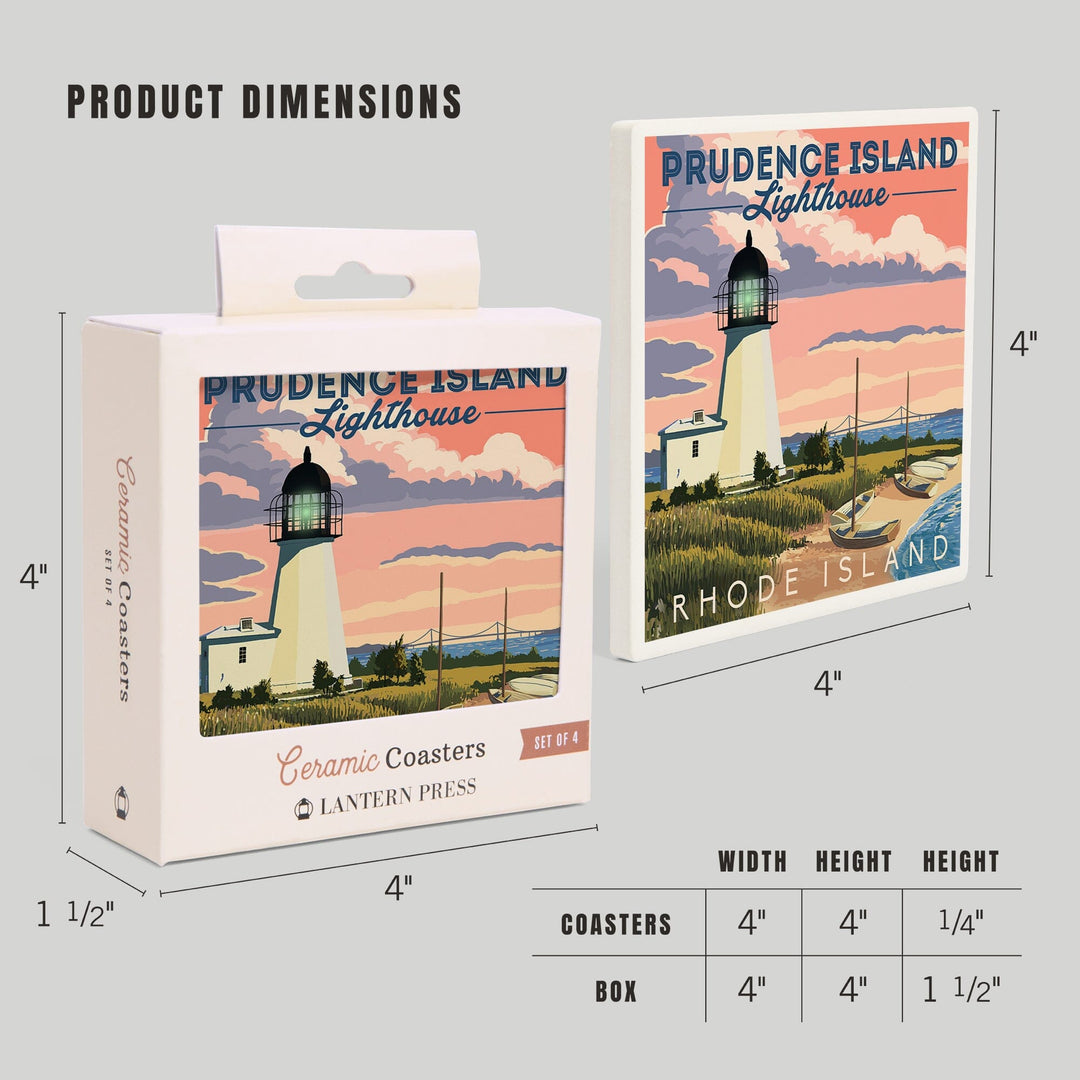 Prudence Island, Rhode Island, Lighthouse, Lantern Press Artwork, Coaster Set Coasters Lantern Press 