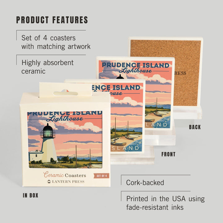 Prudence Island, Rhode Island, Lighthouse, Lantern Press Artwork, Coaster Set Coasters Lantern Press 