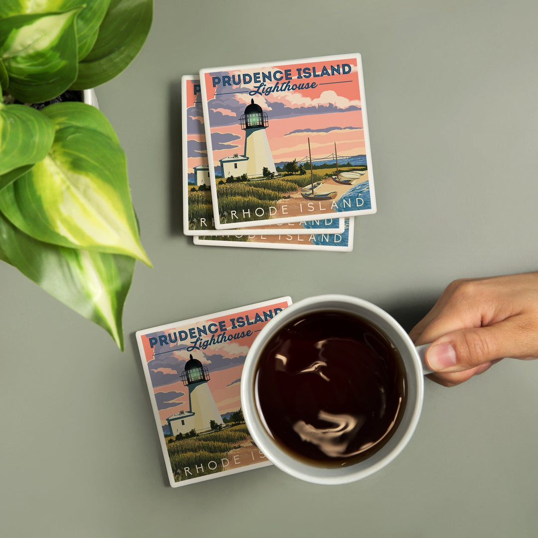 Prudence Island, Rhode Island, Lighthouse, Lantern Press Artwork, Coaster Set Coasters Lantern Press 