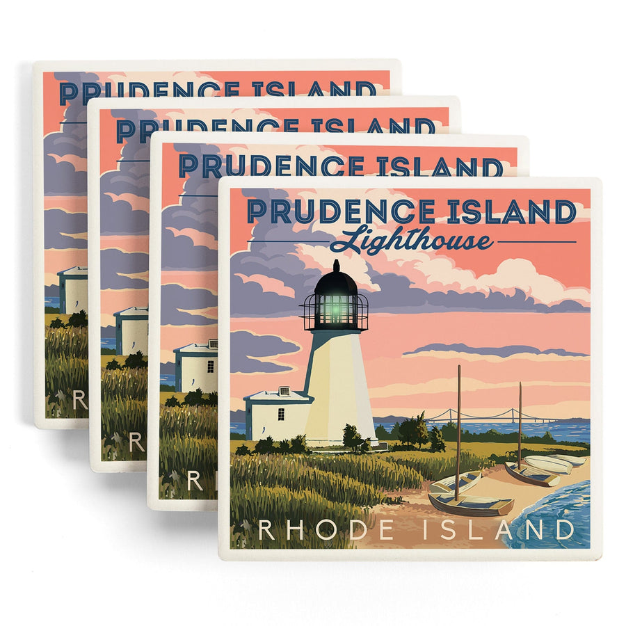 Prudence Island, Rhode Island, Lighthouse, Lantern Press Artwork, Coaster Set Coasters Lantern Press 