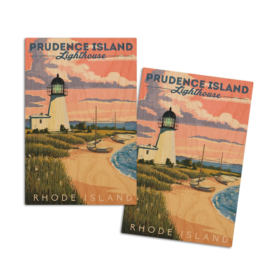Prudence Island, Rhode Island, Lighthouse, Lantern Press Artwork, Wood Signs and Postcards Wood Lantern Press 4x6 Wood Postcard Set 