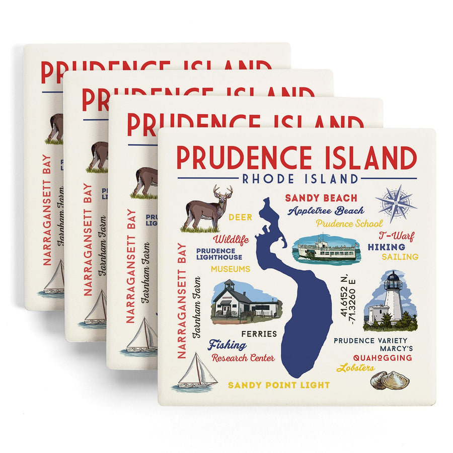 Prudence Island, Rhode Island, Typography & Icons, Lantern Press Artwork, Coaster Set Coasters Lantern Press 