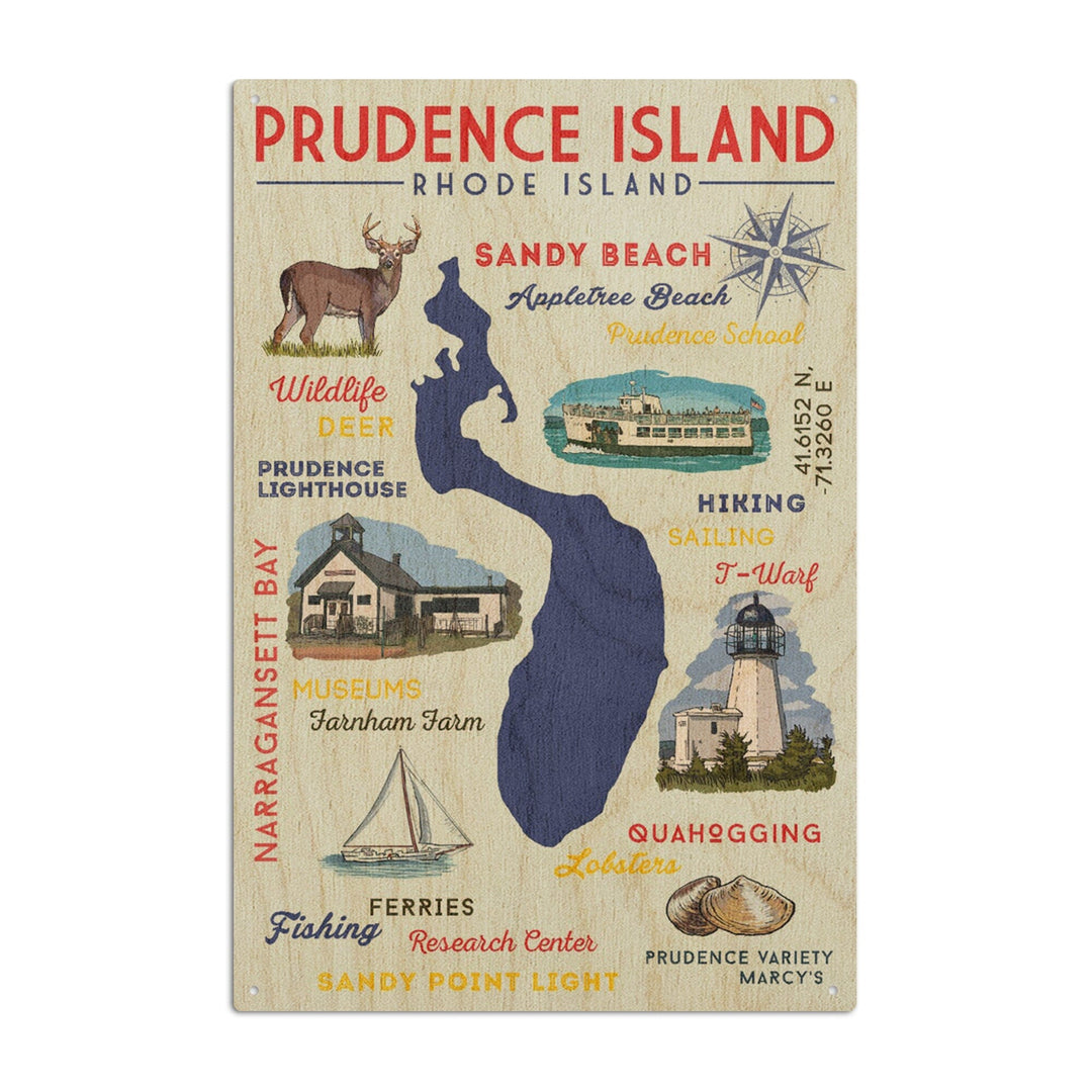 Prudence Island, Rhode Island, Typography & Icons, Lantern Press Artwork, Wood Signs and Postcards Wood Lantern Press 10 x 15 Wood Sign 