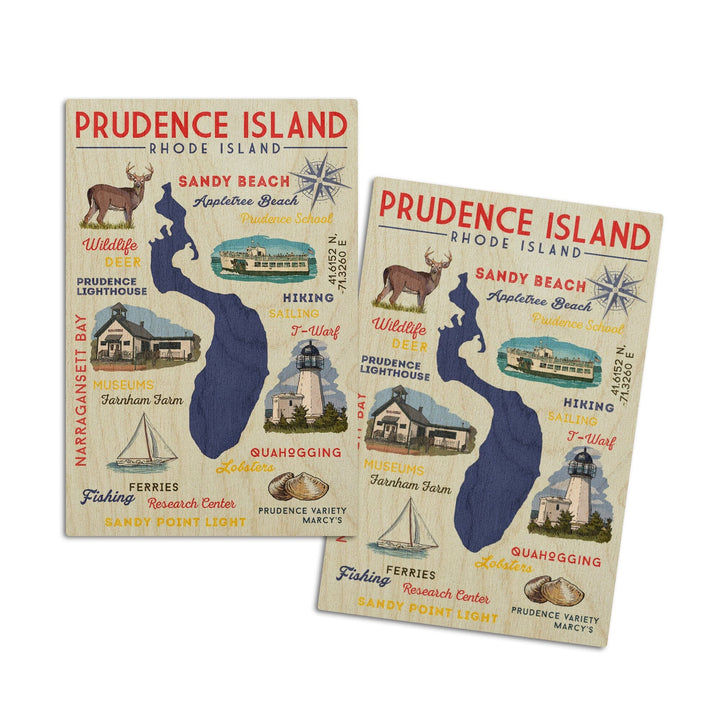 Prudence Island, Rhode Island, Typography & Icons, Lantern Press Artwork, Wood Signs and Postcards Wood Lantern Press 4x6 Wood Postcard Set 