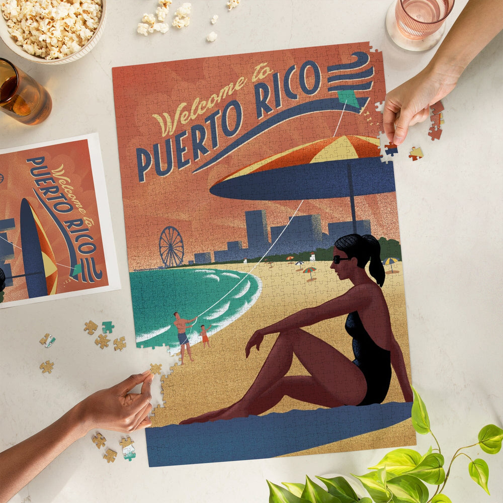 Puerto Rico, Beach Scene, Lithograph, Jigsaw Puzzle Puzzle Lantern Press 