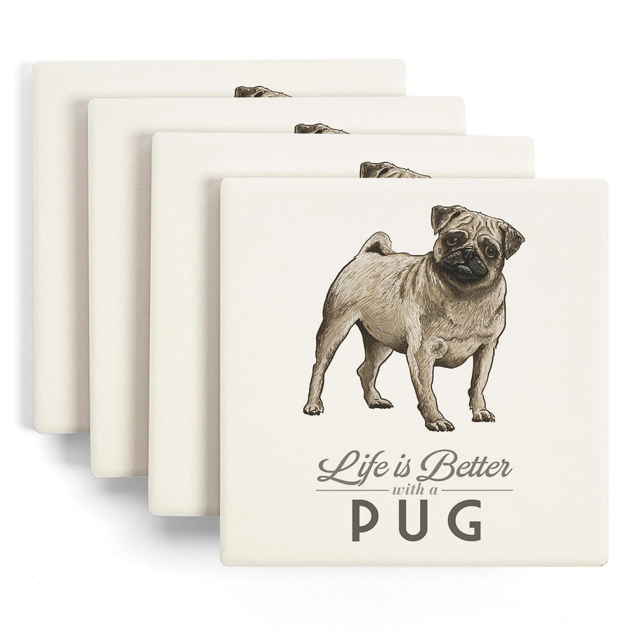 Pug, Life is Better, Lantern Press Artwork, Coaster Set Coasters Lantern Press 