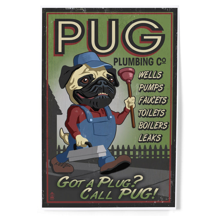 Pug, Retro Plumbing Ad, Art & Giclee Prints Art Lantern Press 