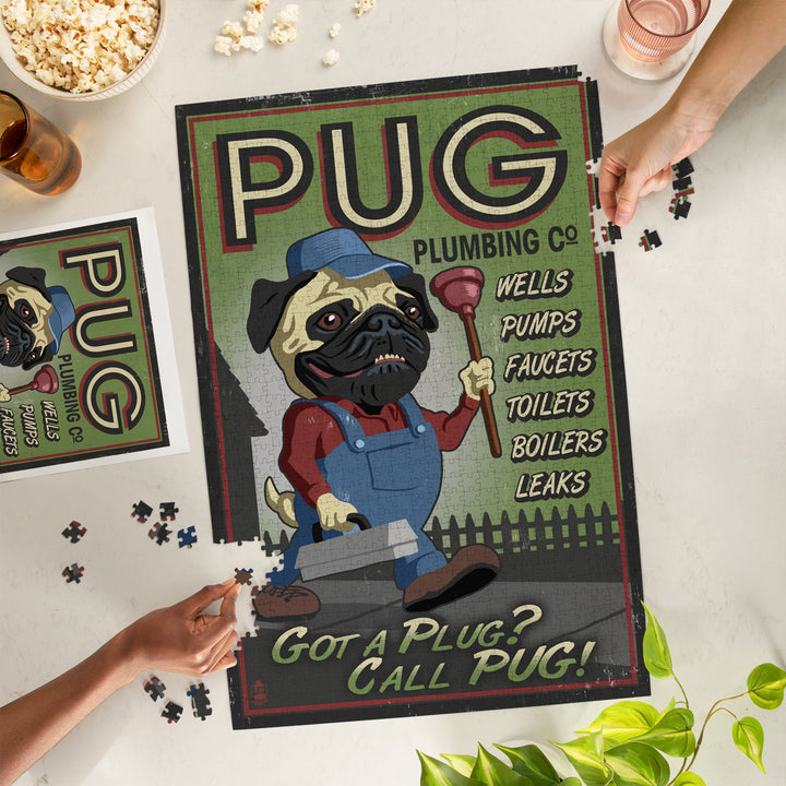 Pug, Retro Plumbing Ad, Jigsaw Puzzle Puzzle Lantern Press 