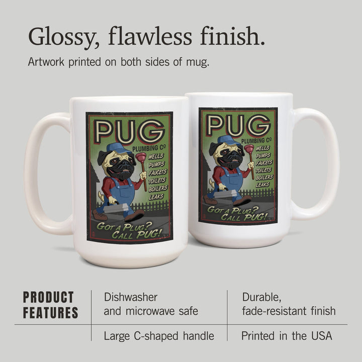 Pug, Retro Plumbing Ad, Lantern Press Artwork, Ceramic Mug Mugs Lantern Press 