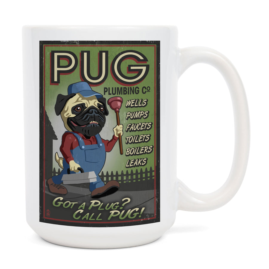 Pug, Retro Plumbing Ad, Lantern Press Artwork, Ceramic Mug Mugs Lantern Press 