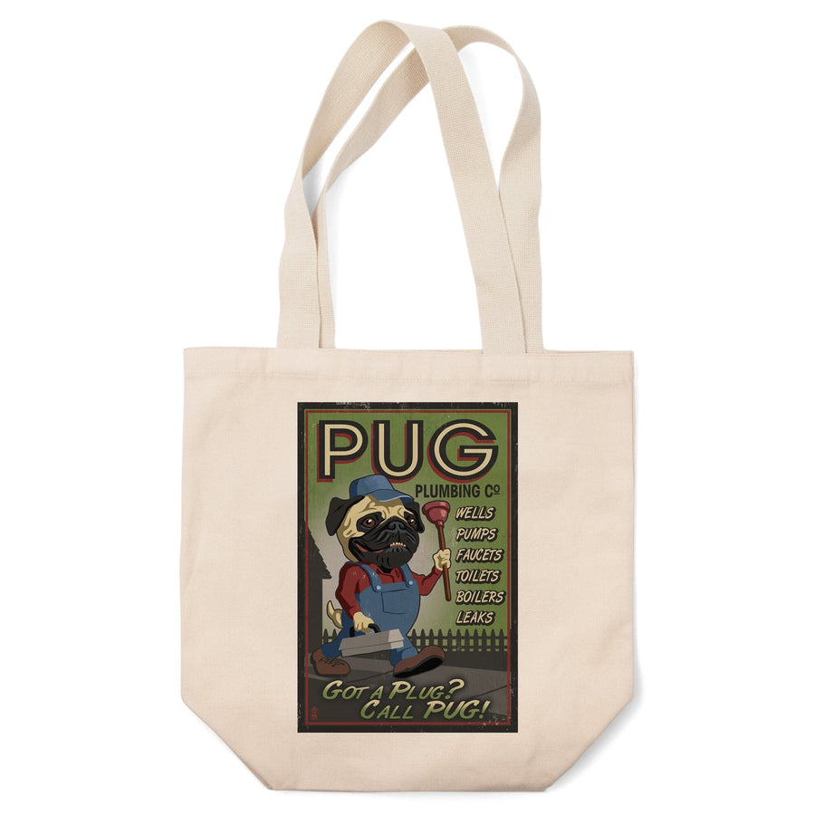 Pug, Retro Plumbing Ad, Lantern Press Artwork, Tote Bag Totes Lantern Press 
