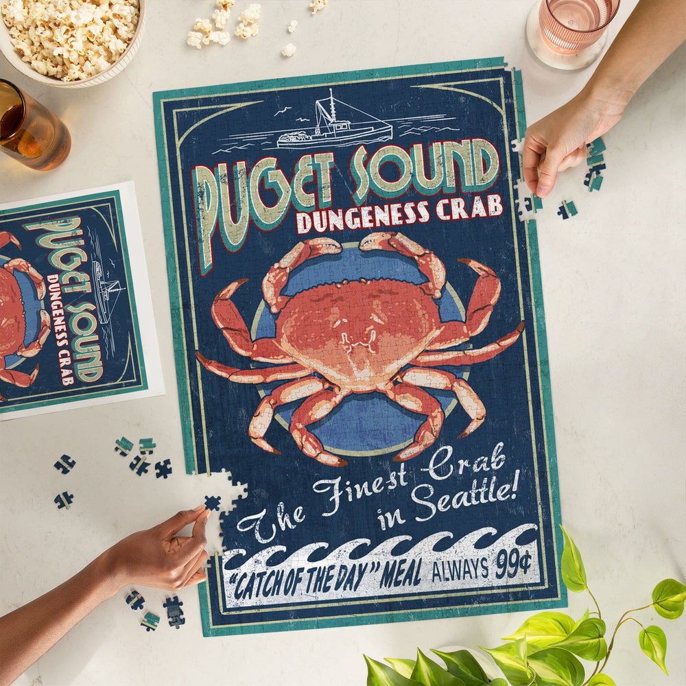 Puget Sound, Washington, Dungeness Crab Vintage Sign, Jigsaw Puzzle Puzzle Lantern Press 