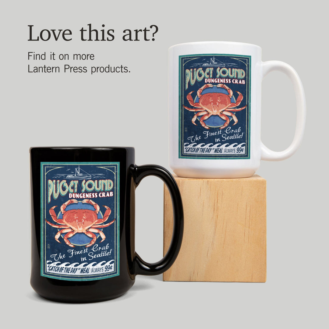 Puget Sound, Washington, Dungeness Crab Vintage Sign, Lantern Press Artwork, Ceramic Mug Mugs Lantern Press 
