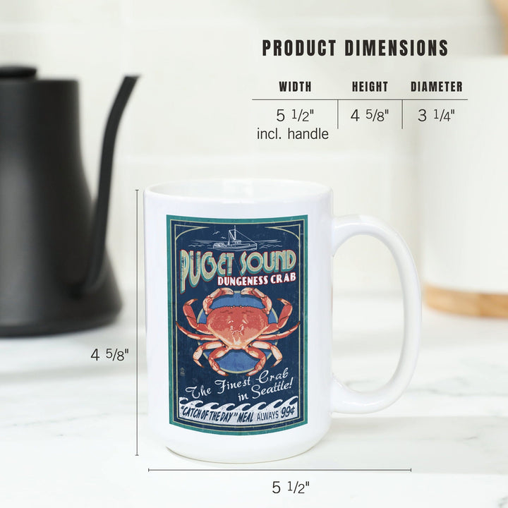 Puget Sound, Washington, Dungeness Crab Vintage Sign, Lantern Press Artwork, Ceramic Mug Mugs Lantern Press 