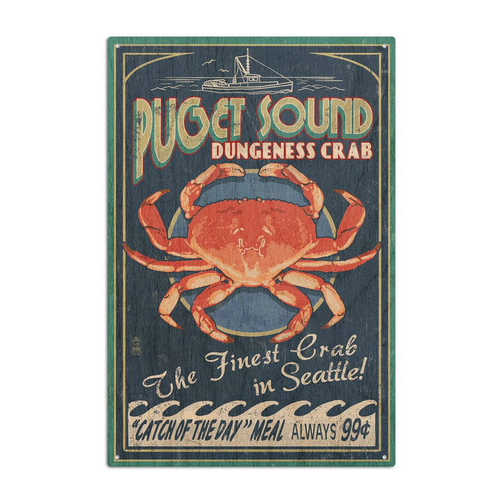 Puget Sound, Washington, Dungeness Crab Vintage Sign, Lantern Press Artwork, Wood Signs and Postcards Wood Lantern Press 10 x 15 Wood Sign 