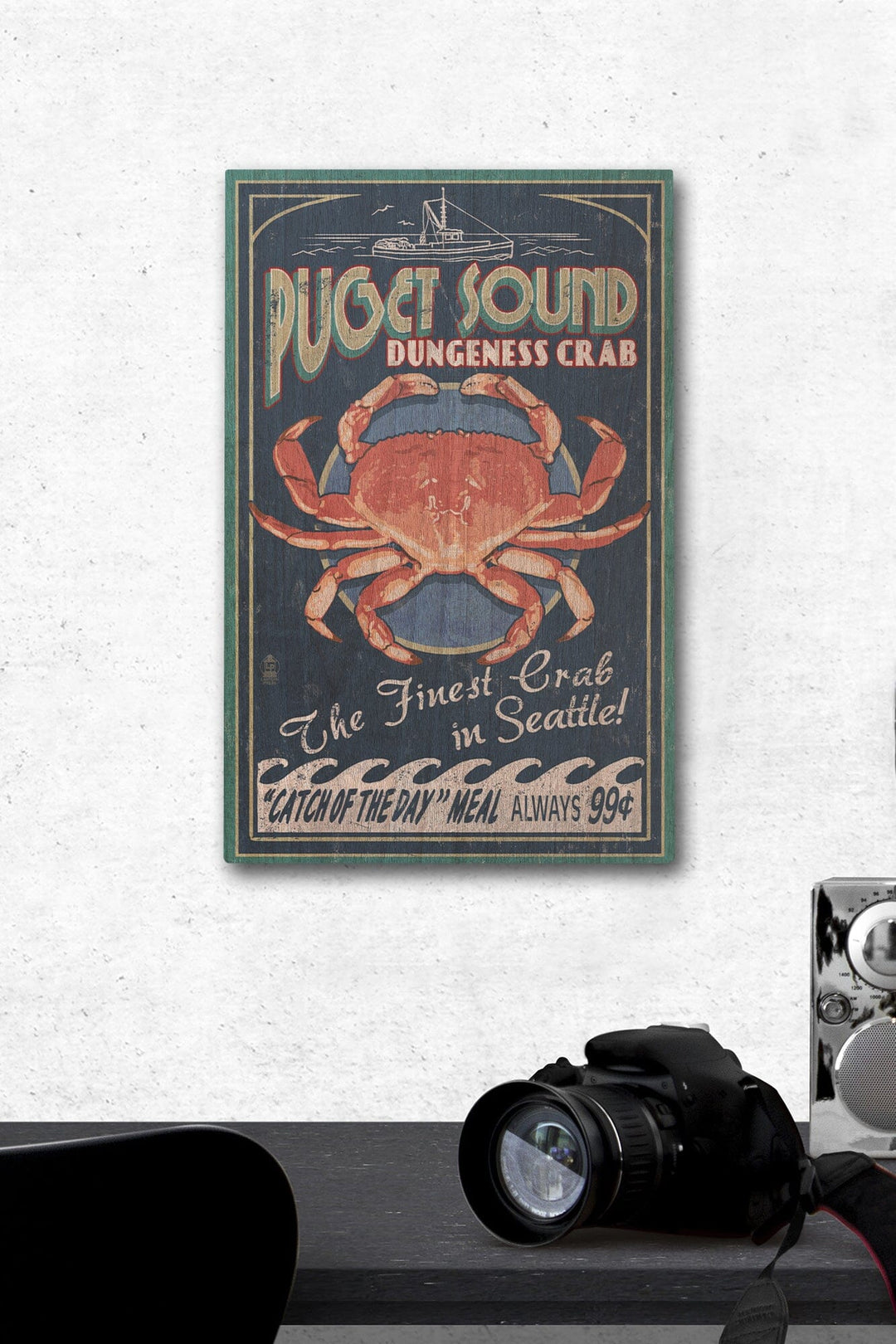 Puget Sound, Washington, Dungeness Crab Vintage Sign, Lantern Press Artwork, Wood Signs and Postcards Wood Lantern Press 12 x 18 Wood Gallery Print 