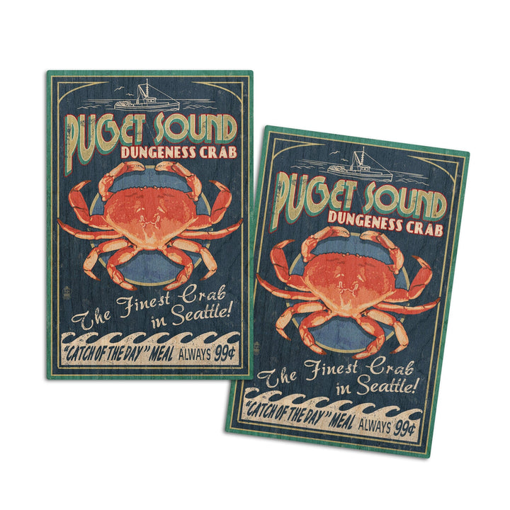 Puget Sound, Washington, Dungeness Crab Vintage Sign, Lantern Press Artwork, Wood Signs and Postcards Wood Lantern Press 4x6 Wood Postcard Set 
