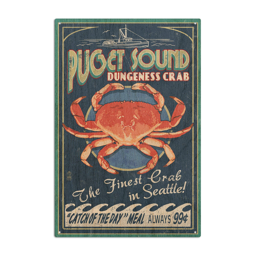 Puget Sound, Washington, Dungeness Crab Vintage Sign, Lantern Press Artwork, Wood Signs and Postcards Wood Lantern Press 6x9 Wood Sign 