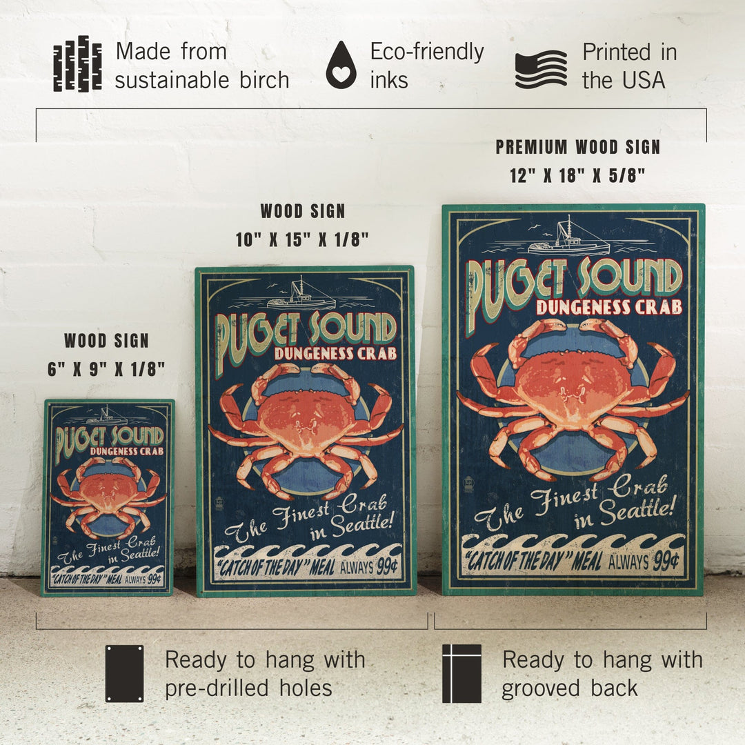 Puget Sound, Washington, Dungeness Crab Vintage Sign, Lantern Press Artwork, Wood Signs and Postcards Wood Lantern Press 
