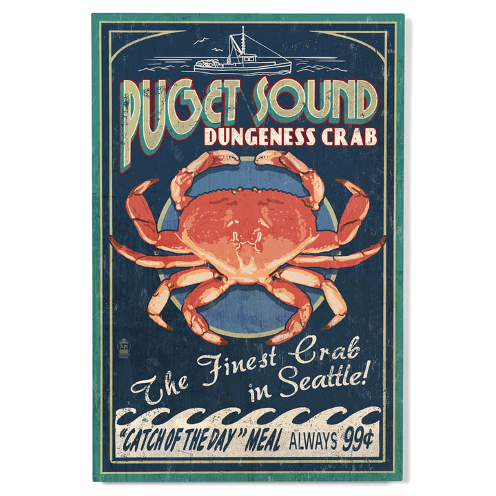 Puget Sound, Washington, Dungeness Crab Vintage Sign, Lantern Press Artwork, Wood Signs and Postcards Wood Lantern Press 