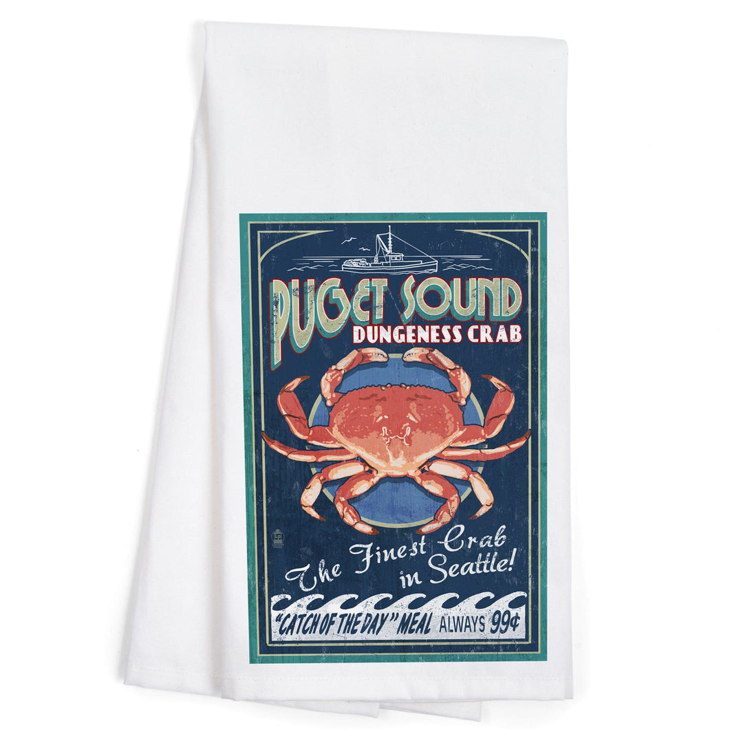 Puget Sound, Washington, Dungeness Crab Vintage Sign, Organic Cotton Kitchen Tea Towels Kitchen Lantern Press 