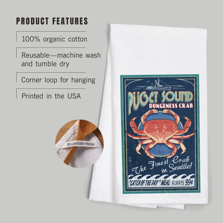 Puget Sound, Washington, Dungeness Crab Vintage Sign, Organic Cotton Kitchen Tea Towels Kitchen Lantern Press 