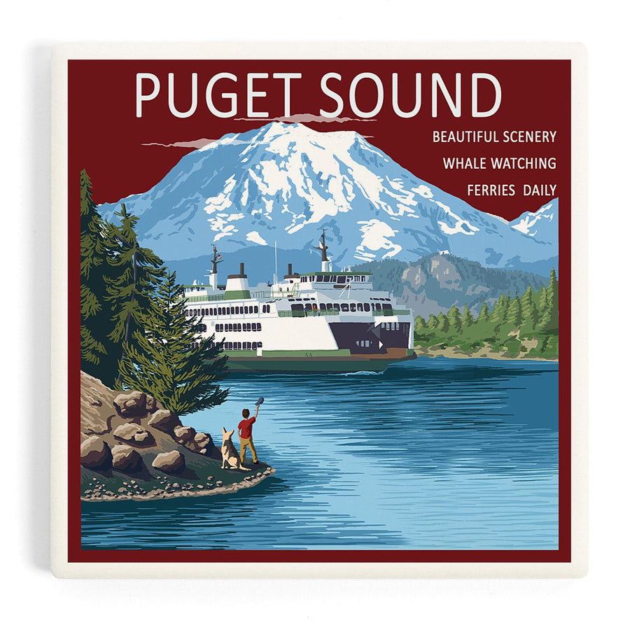 Puget Sound, Washington, Ferry and Mount Rainier Scene, Coasters Coasters Lantern Press 