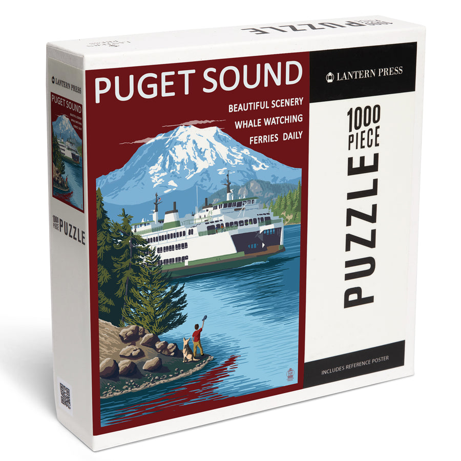 Puget Sound, Washington, Ferry and Mount Rainier Scene, Jigsaw Puzzle Puzzle Lantern Press 