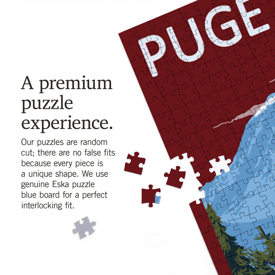 Puget Sound, Washington, Ferry and Mount Rainier Scene, Jigsaw Puzzle Puzzle Lantern Press 