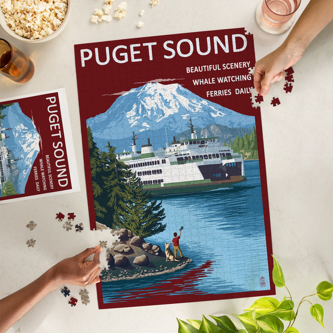 Puget Sound, Washington, Ferry and Mount Rainier Scene, Jigsaw Puzzle Puzzle Lantern Press 