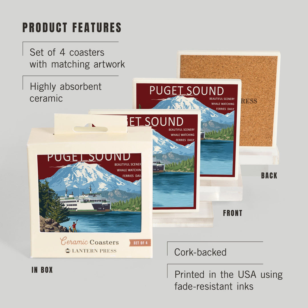 Puget Sound, Washington, Ferry & Mount Rainier Scene, Lantern Press Artwork, Coaster Set Coasters Lantern Press 