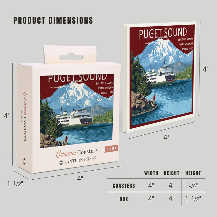 Puget Sound, Washington, Ferry & Mount Rainier Scene, Lantern Press Artwork, Coaster Set Coasters Lantern Press 