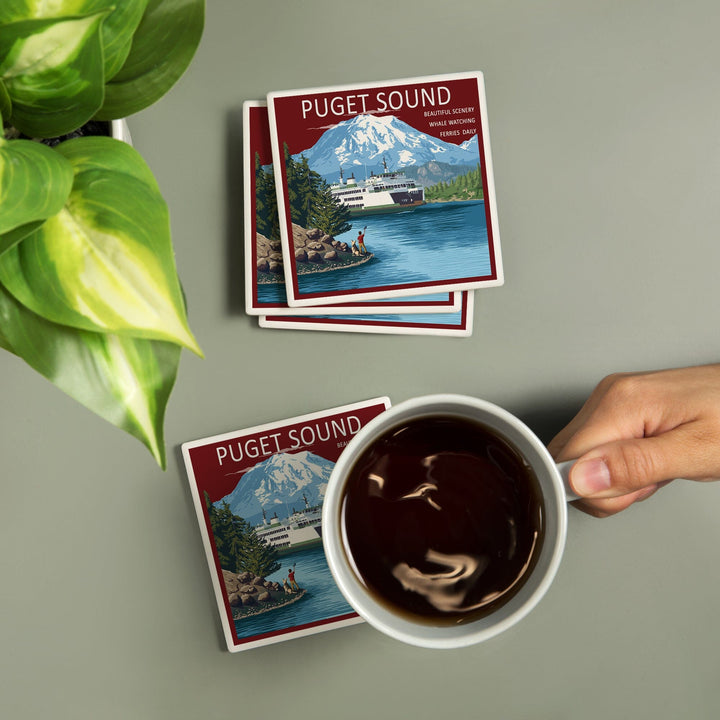 Puget Sound, Washington, Ferry & Mount Rainier Scene, Lantern Press Artwork, Coaster Set Coasters Lantern Press 