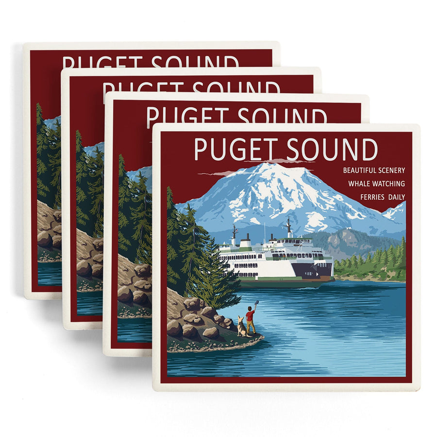 Puget Sound, Washington, Ferry & Mount Rainier Scene, Lantern Press Artwork, Coaster Set Coasters Lantern Press 