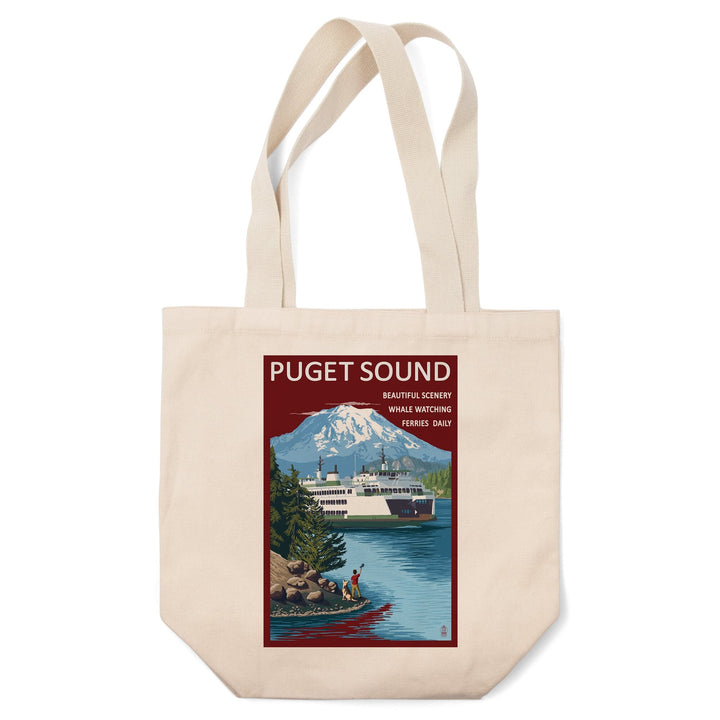 Puget Sound, Washington, Ferry & Mount Rainier Scene, Lantern Press Artwork, Tote Bag Totes Lantern Press 