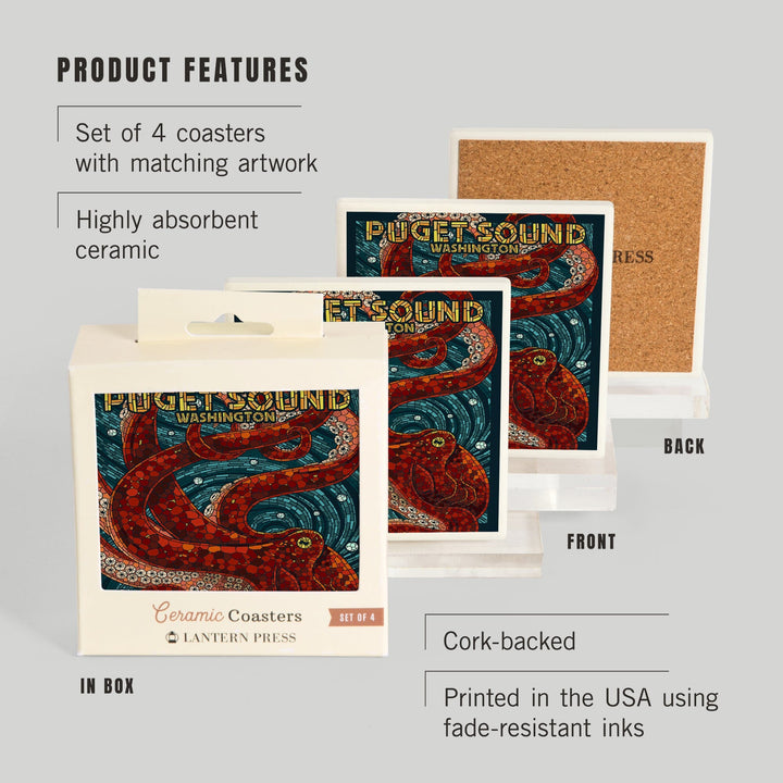 Puget Sound, Washington, Octopus Mosaic, Coasters Coasters Lantern Press 