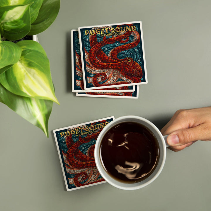 Puget Sound, Washington, Octopus Mosaic, Coasters Coasters Lantern Press 