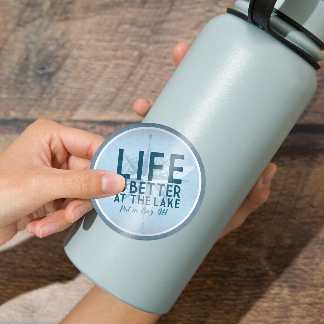Put-in-Bay, Ohio, Life is Better at the Lake, Nautical Map and Compass, Contour, Vinyl Sticker Sticker Lantern Press 